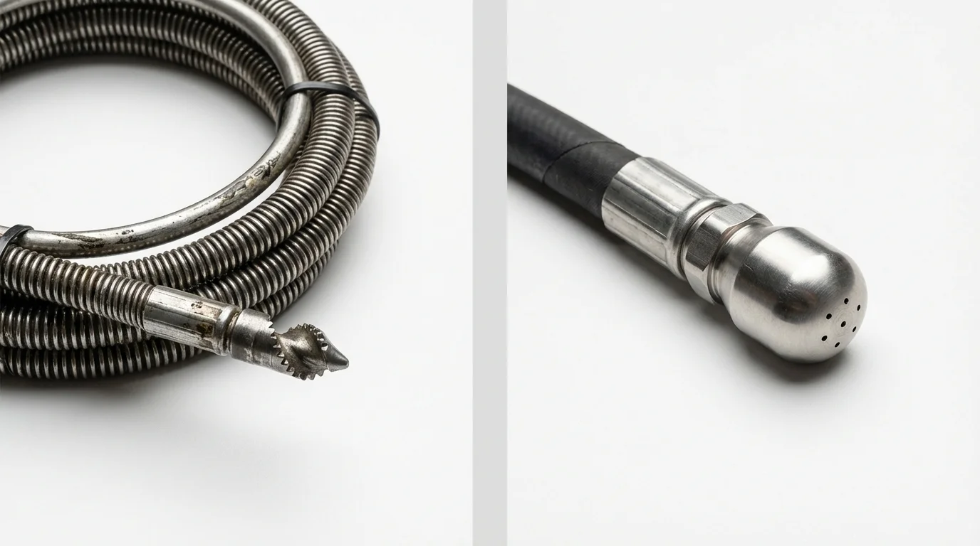 Drain snake cable and hydro jetting nozzle used for drain cleaning in Bellevue, ID