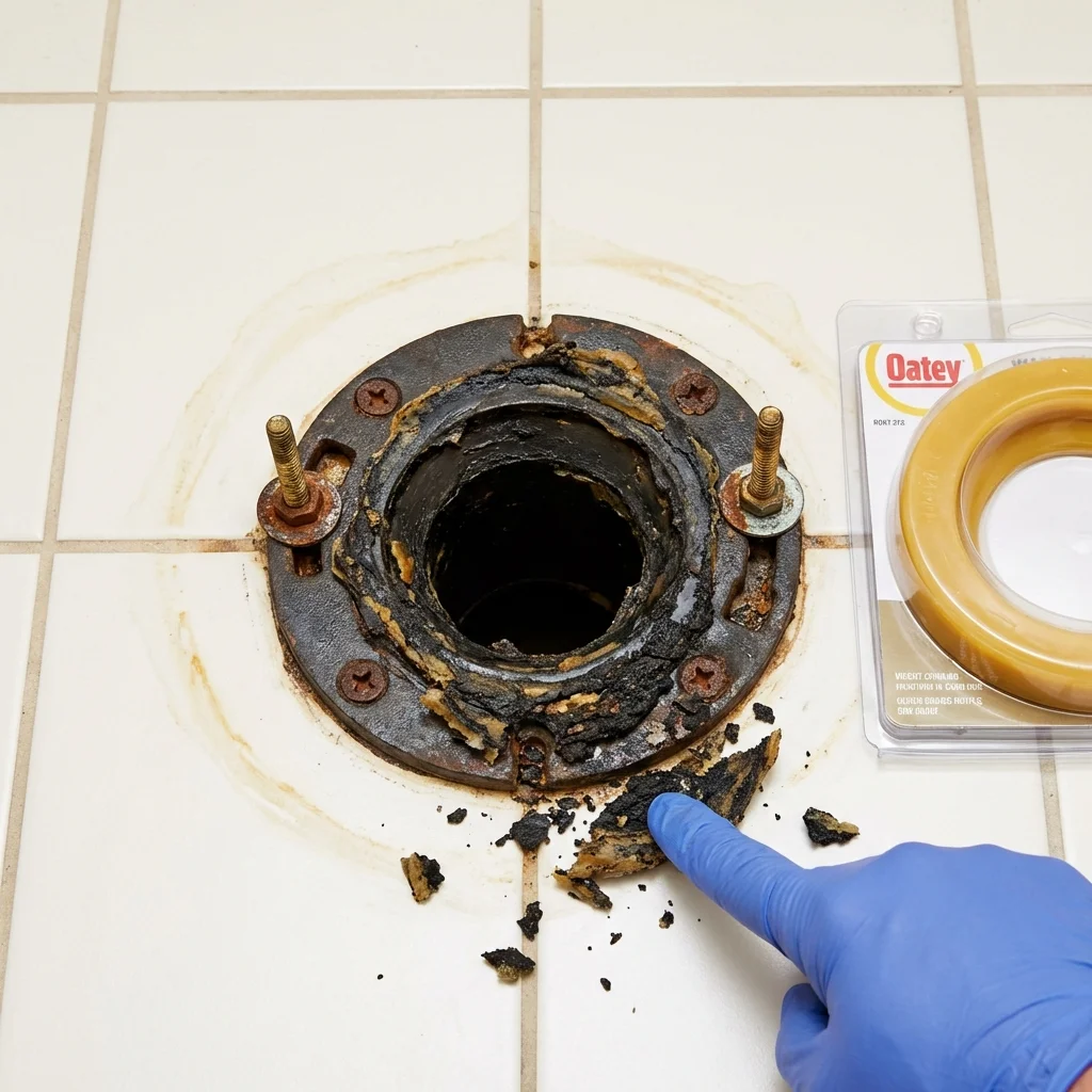 Failed wax ring showing water seepage at the base of a toilet in a Bellevue, ID home