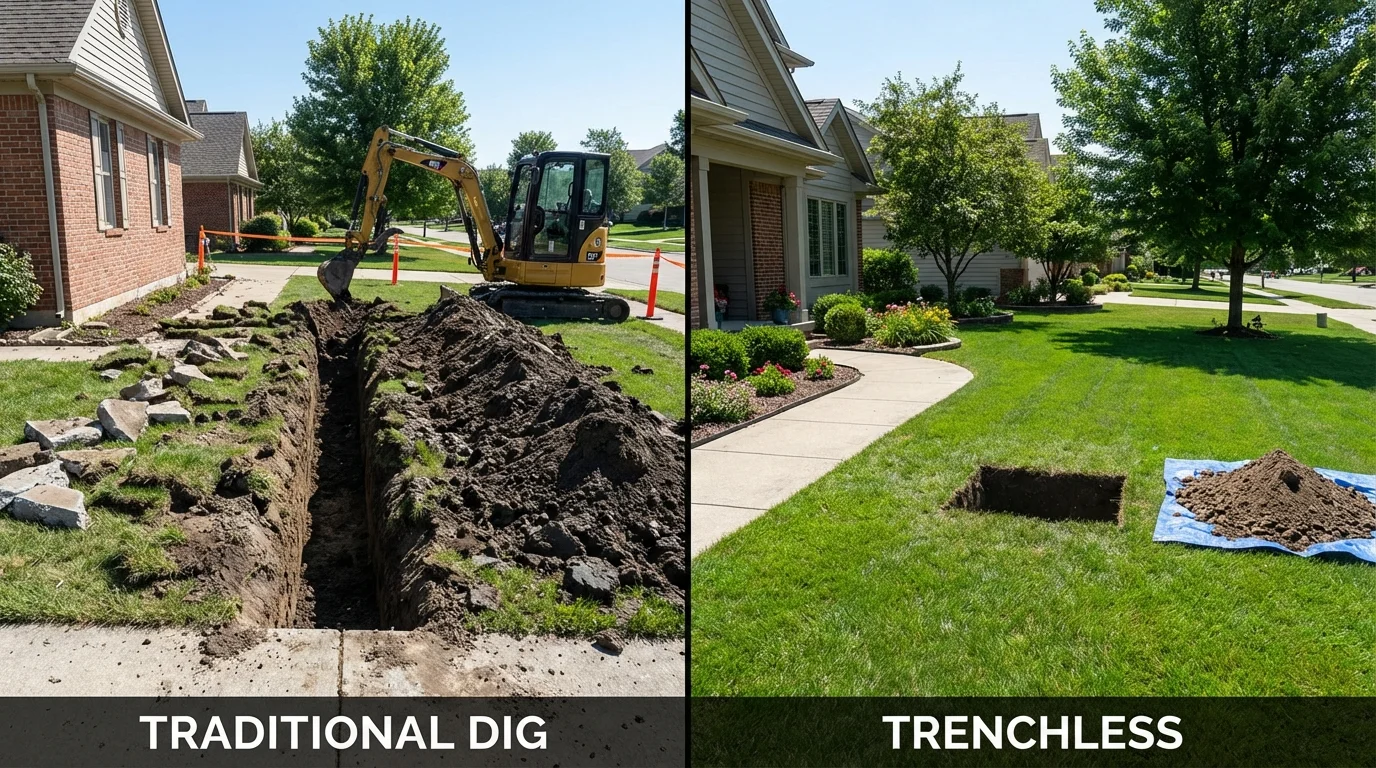 Trenchless sewer repair with minimal yard damage versus traditional excavation in Bellevue, ID