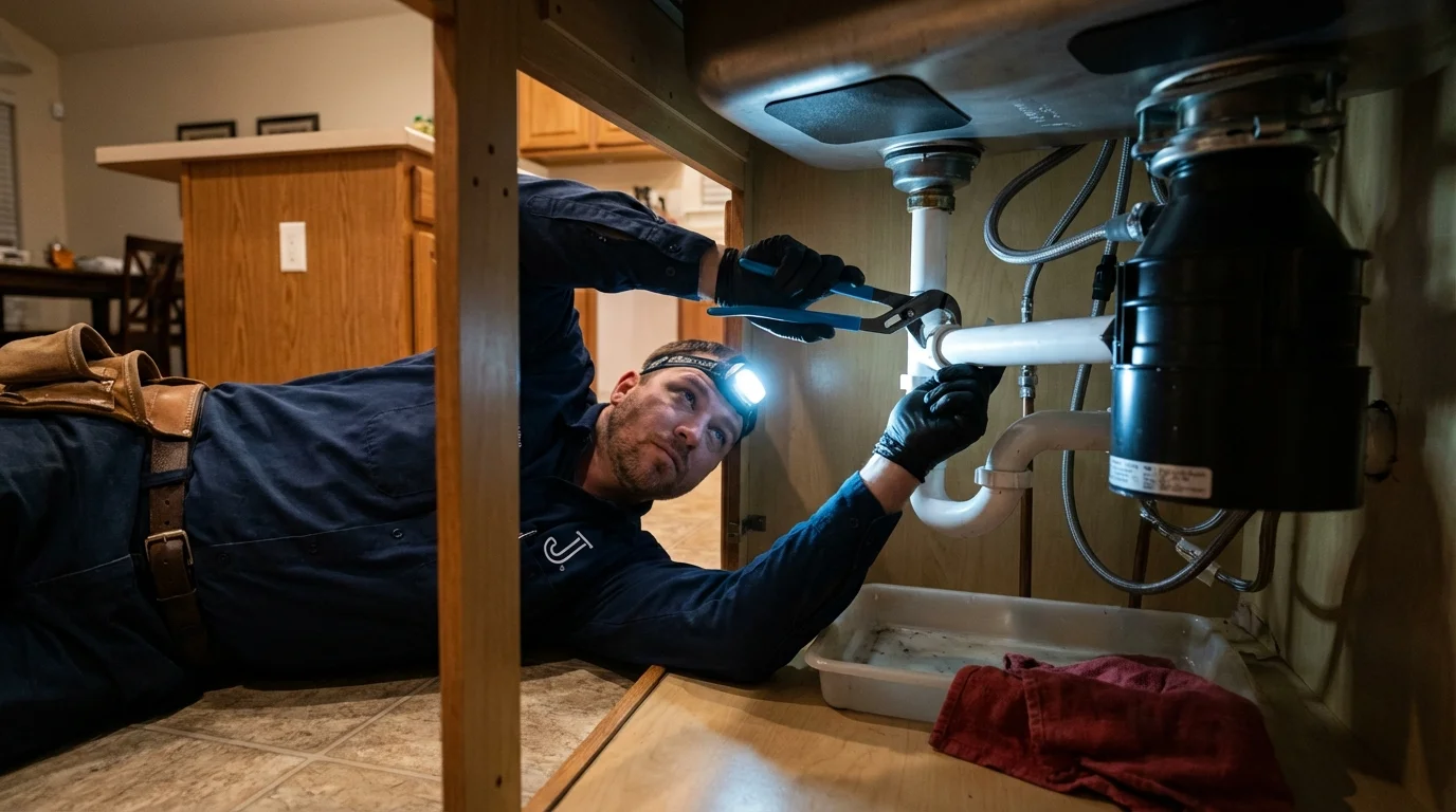 P-trap and supply line connections under a kitchen sink showing a common leak point in Bellevue, ID
